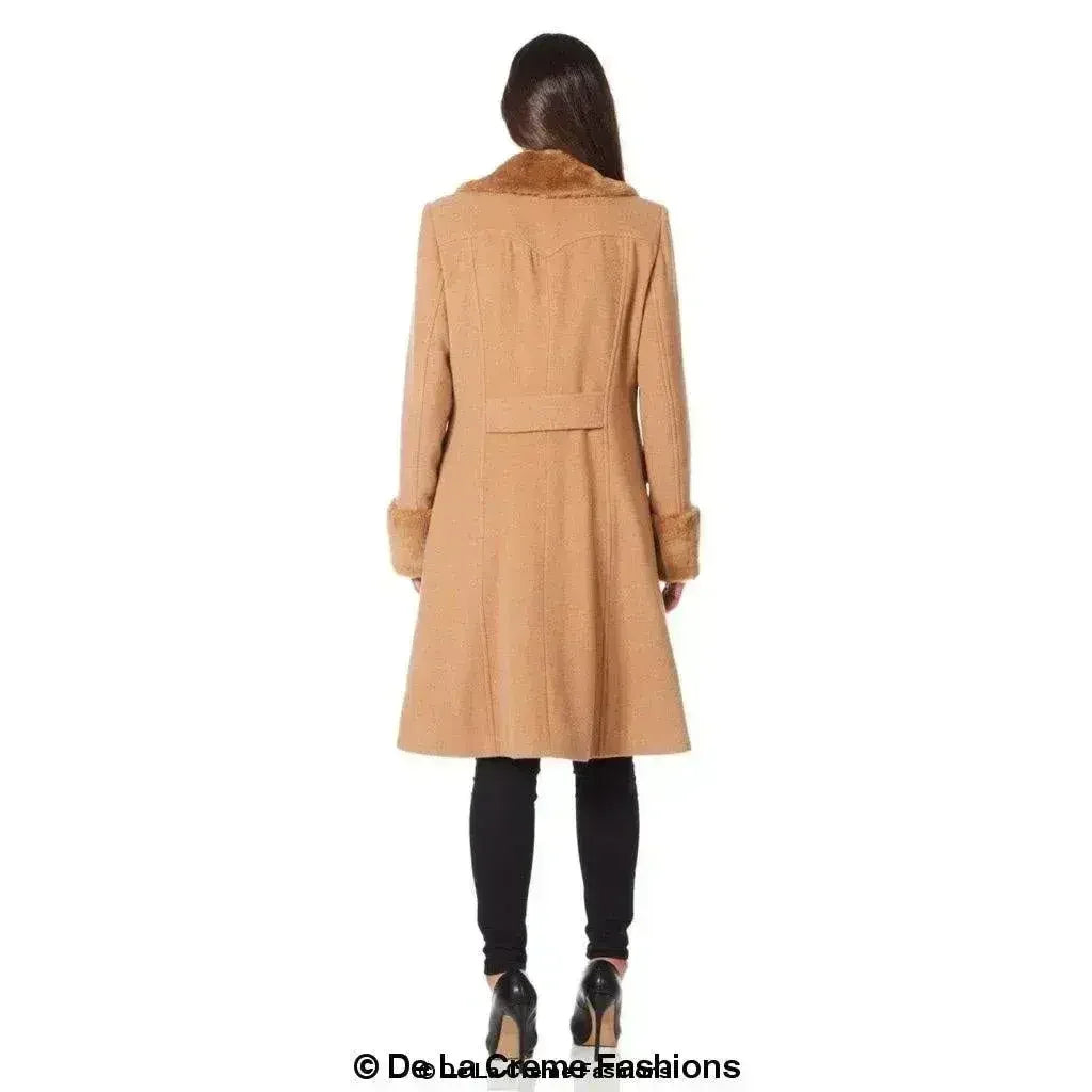 De La Creme - Womens Wool Blend Faux Fur Trim Midi Coat - Femstylo