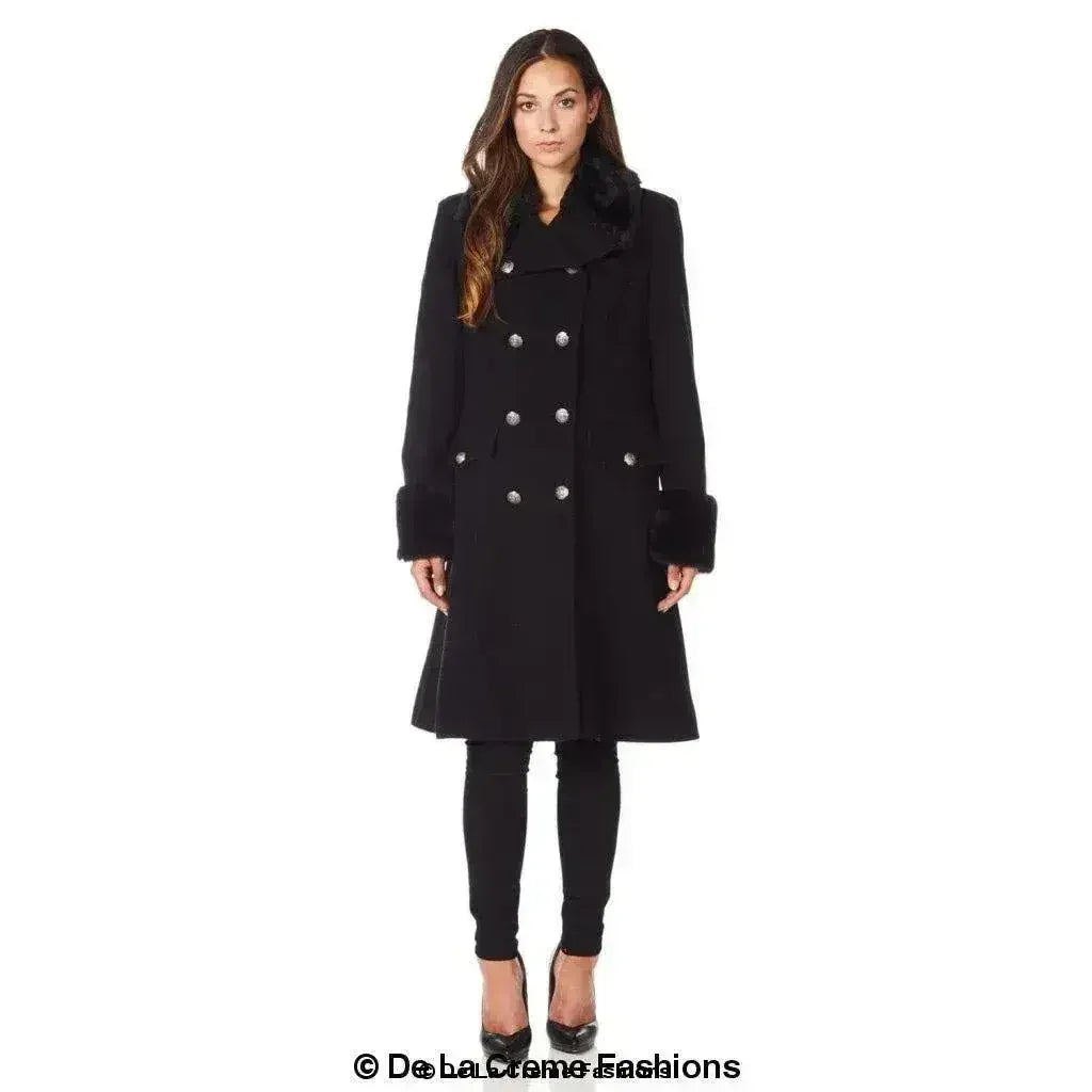 De La Creme - Womens Wool Blend Faux Fur Trim Midi Coat - Femstylo