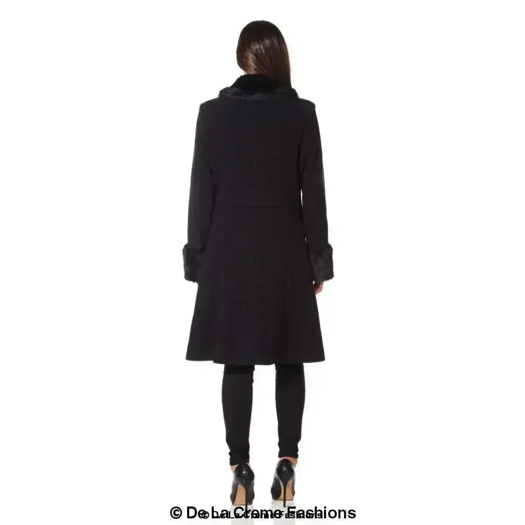 De La Creme - Womens Wool Blend Faux Fur Trim Midi Coat - Femstylo