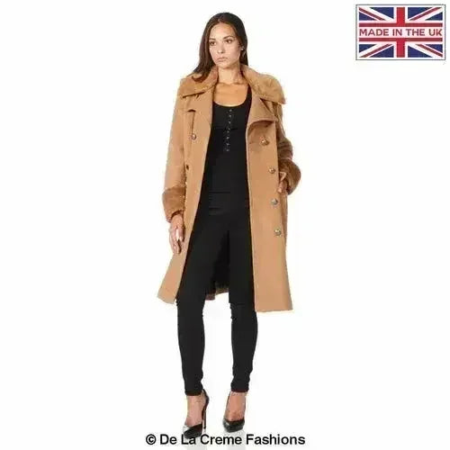 De La Creme - Womens Wool Blend Faux Fur Trim Midi Coat - Femstylo