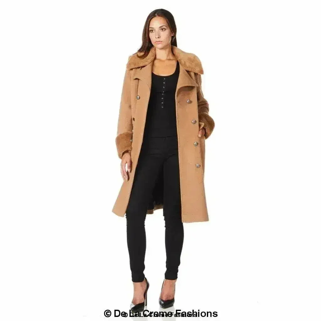 De La Creme - Womens Wool Blend Faux Fur Trim Midi Coat - Femstylo