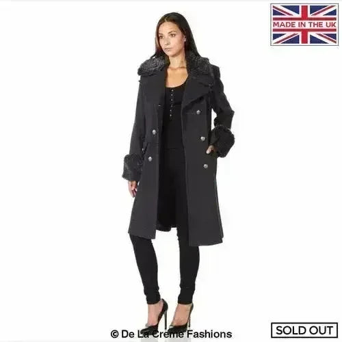 De La Creme - Womens Wool Blend Faux Fur Trim Midi Coat - Femstylo
