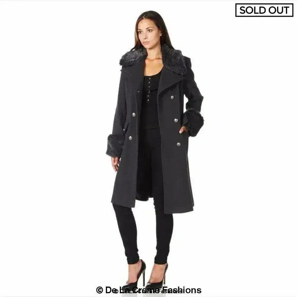 De La Creme - Womens Wool Blend Faux Fur Trim Midi Coat - Femstylo