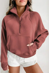 Brown Fleece Lined Zip Up Stand Collar Thumbhole Sleeve Sweatshirt - Femstylo