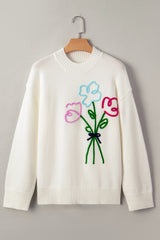 White Floral Embroidered Drop Sleeve Knit Sweater