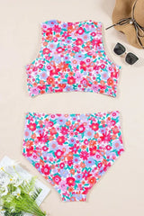 Rose Plus Size Floral Print Twisted High Waist Bikini Set - Femstylo