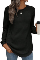 Black Ribbed Texture Round Neck Long Sleeve Rounded Hem Top