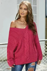 Casual Rose Bubblegum V-Neck Braided Knit Sweater - Femstylo