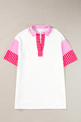 White Stripe Colorblock Sleeve Collared Pop of Color Neckline Dress