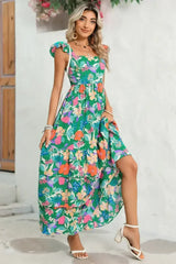 Green Boho Floral Print Ruffle Sleeveless Tiered Maxi Dress - Femstylo