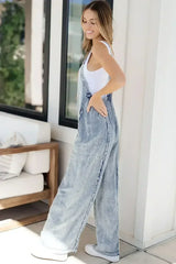 Blue Light Wash Frayed Exposed Seam Wide Leg Denim Overalls - Femstylo