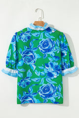 Bright Green Floral Print Ruffle Puff Sleeve Pop of Color Neckline Blouse