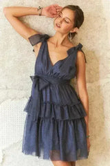 Polka Dot Mesh Dress – Playful Tie Shoulder & Smocked Detail - Femstylo