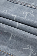 Sky Blue Bow Print Light Wash Raw Hem Denim Jacket