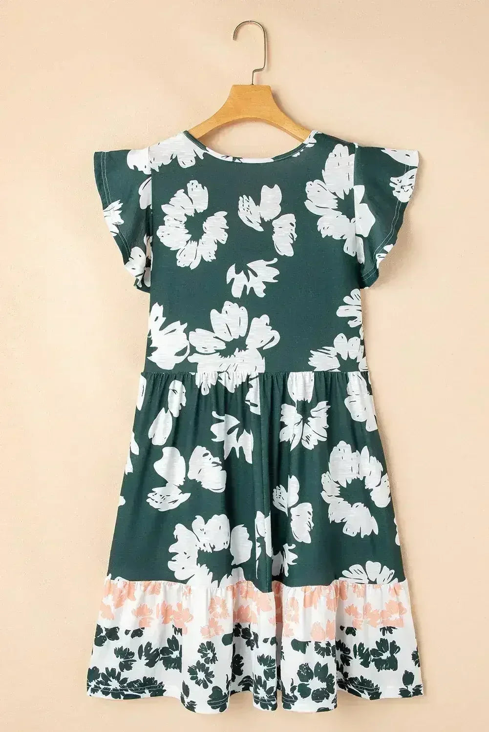 Dark Green Floral Print Ruffle Sleeve Empire Waist Mini Dress - Femstylo
