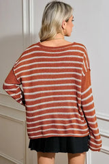 Brown Stripe Casual Round Neck Drop Shoulder Sweater - Femstylo