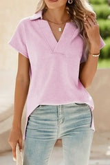 White Textured V Neck Collared Split Hem T Shirt - Femstylo