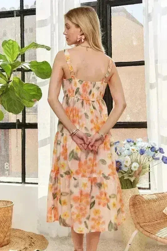 ADORA Floral Smocked Back Dress – Adjustable Strap Midi - Femstylo