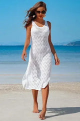 Crochet Beach Coverup Dress – High Split Maxi with U-Neck - Femstylo
