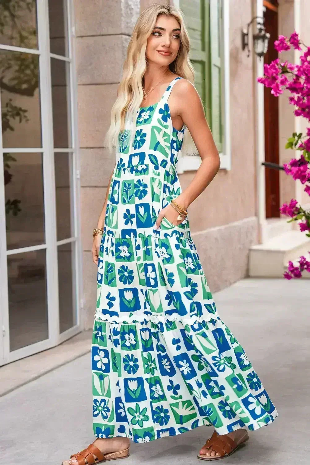 Multicolour Boho Floral Checkered Maxi Dress - Femstylo