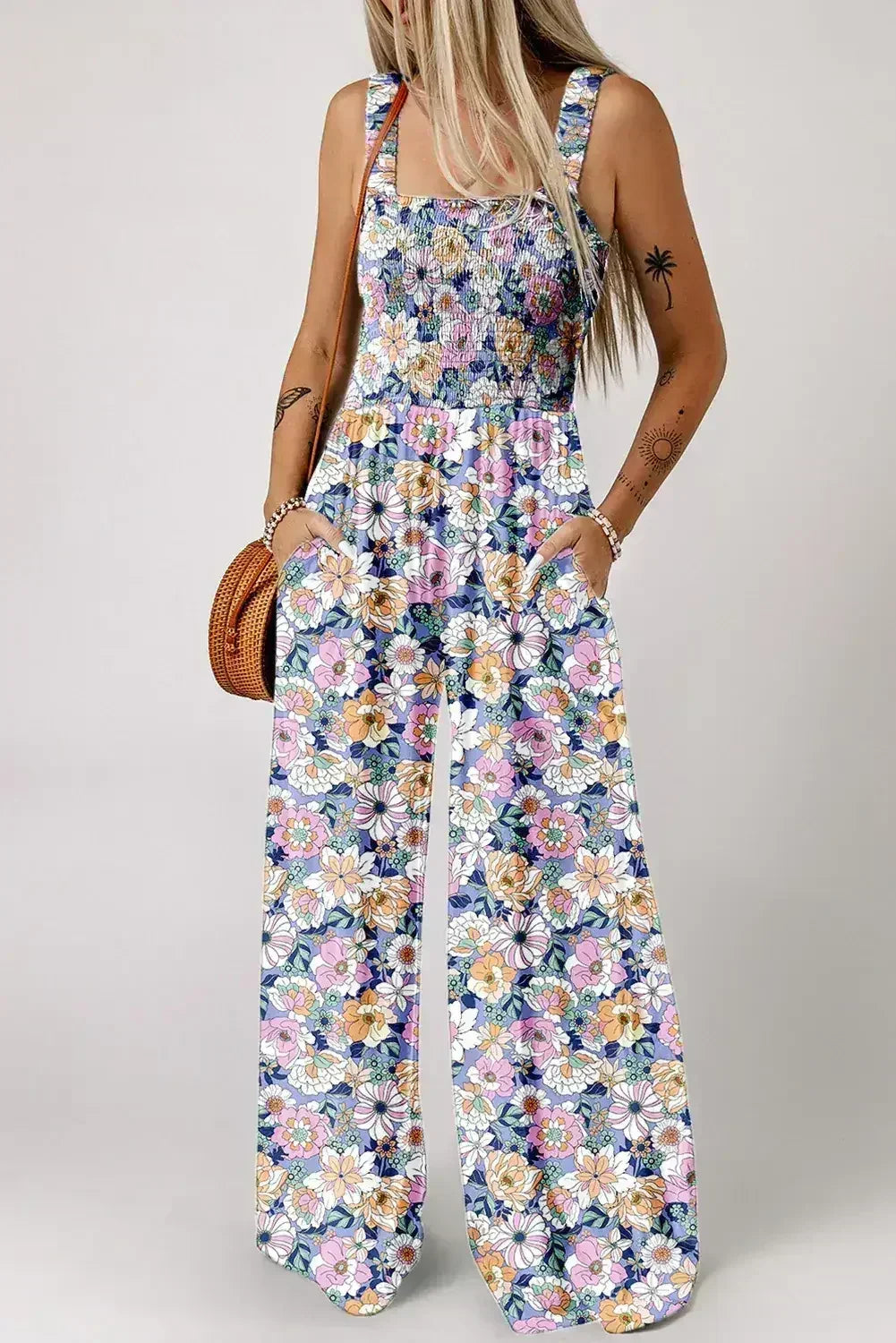 Purple Floral Square Neckline Stretch High Waist Jumpsuit - Femstylo