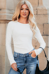 White Ribbed Long Sleeve Crew Neck Solid Color Bodysuit