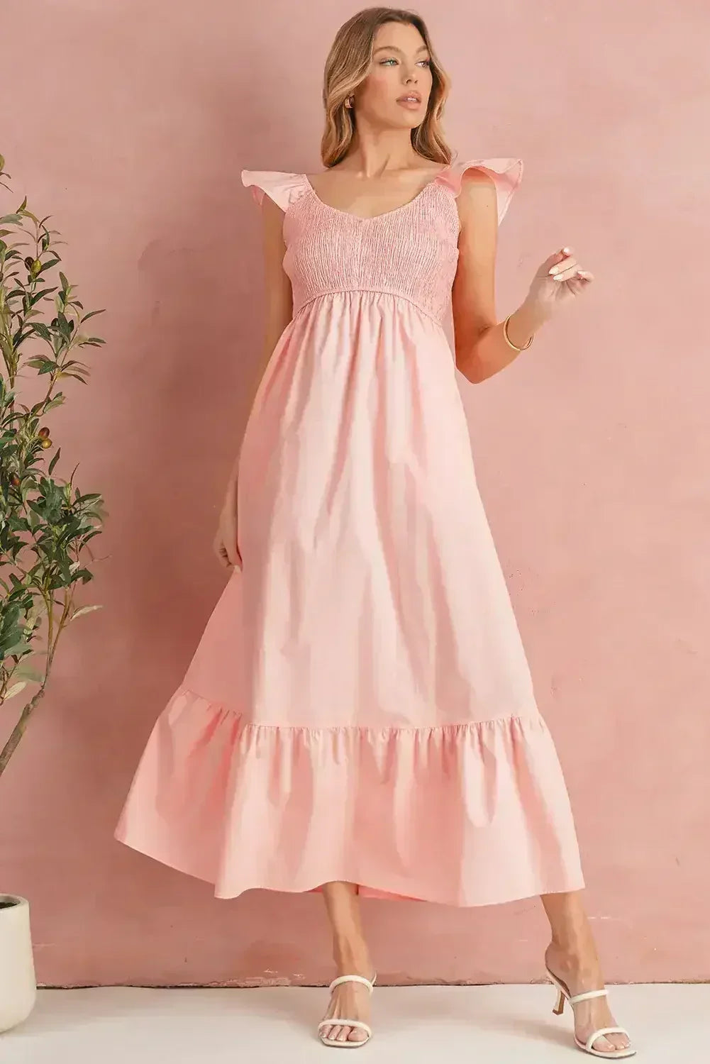 Black V Neck Flutter Sleeve Smocked Bodice High Waist Ruffle Maxi Dress - Femstylo