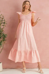 Black V Neck Flutter Sleeve Smocked Bodice High Waist Ruffle Maxi Dress - Femstylo