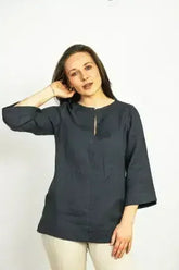 Asphalt Grey Linen Oversize Top – Modern & Comfortable Blouse - Femstylo