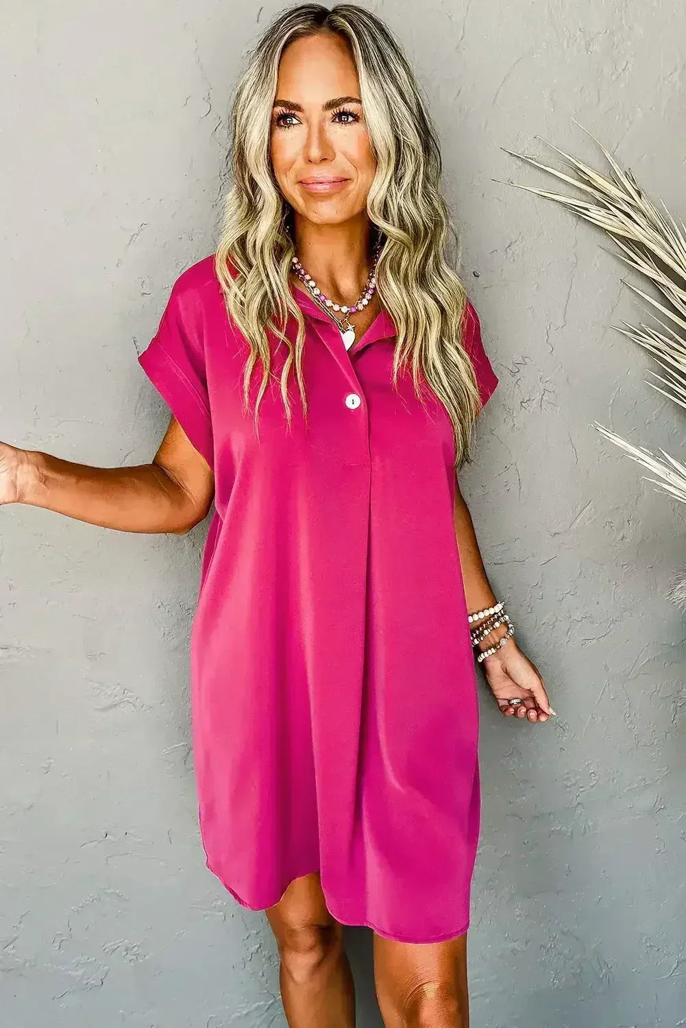 Rose Red Buttoned Collar Shift T Shirt Dress - Femstylo