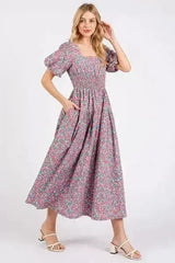 Mittoshop Smocked Floral Square Neck Puff Sleeve Midi Dress - Femstylo