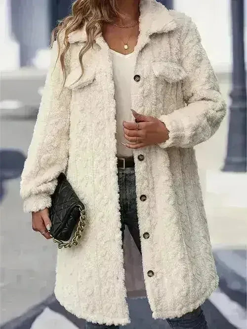 Fuzzy Button-Up Longline Coat - Oversized Polyester Topper | Femstylo - Femstylo