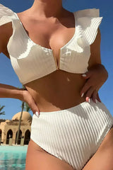 White Textured Ruffled Notched V Neck High Waist Bikini Set - Femstylo