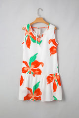 Red Floral Print Tie Front Ruffle Hem Mini Dress