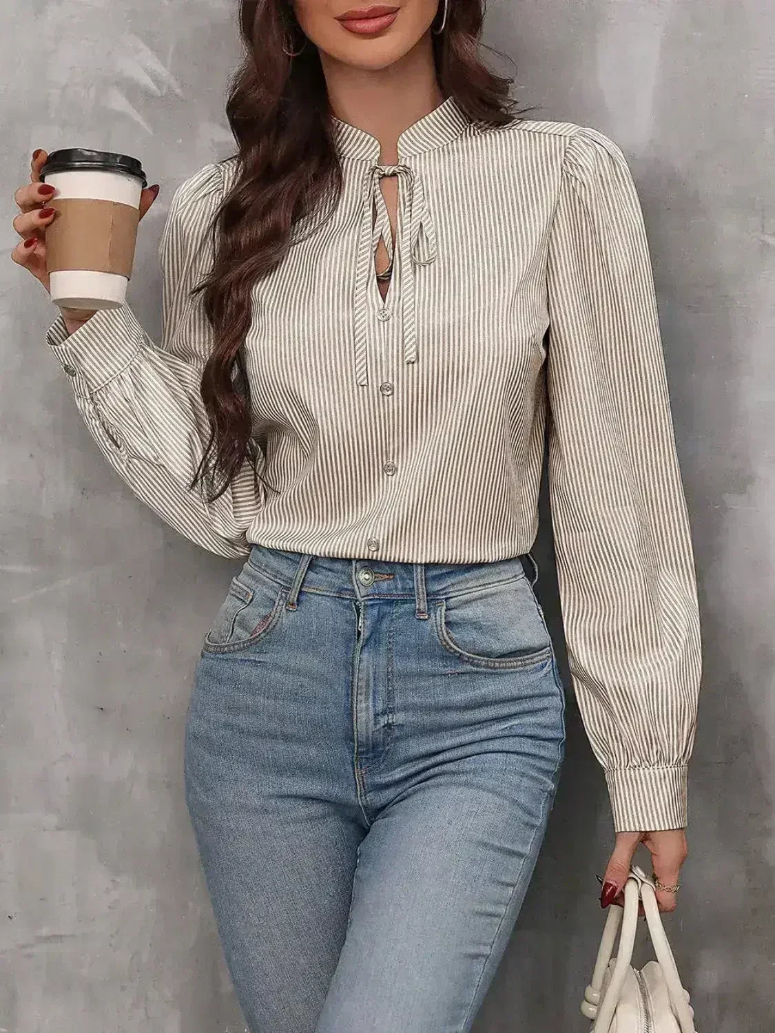 Striped Tie Neck Long Sleeve Blouse – Femstylo - Femstylo