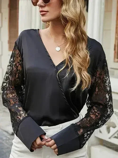 Black Surplice Lace Long Sleeve Blouse | Femstylo - Femstylo