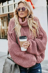 Winter Pink Cuddle Weather Cable Knit Handmade Turtleneck Sweater - Femstylo