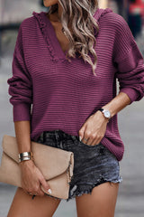 Purple Split V Neck Pullover Hooded Sweater