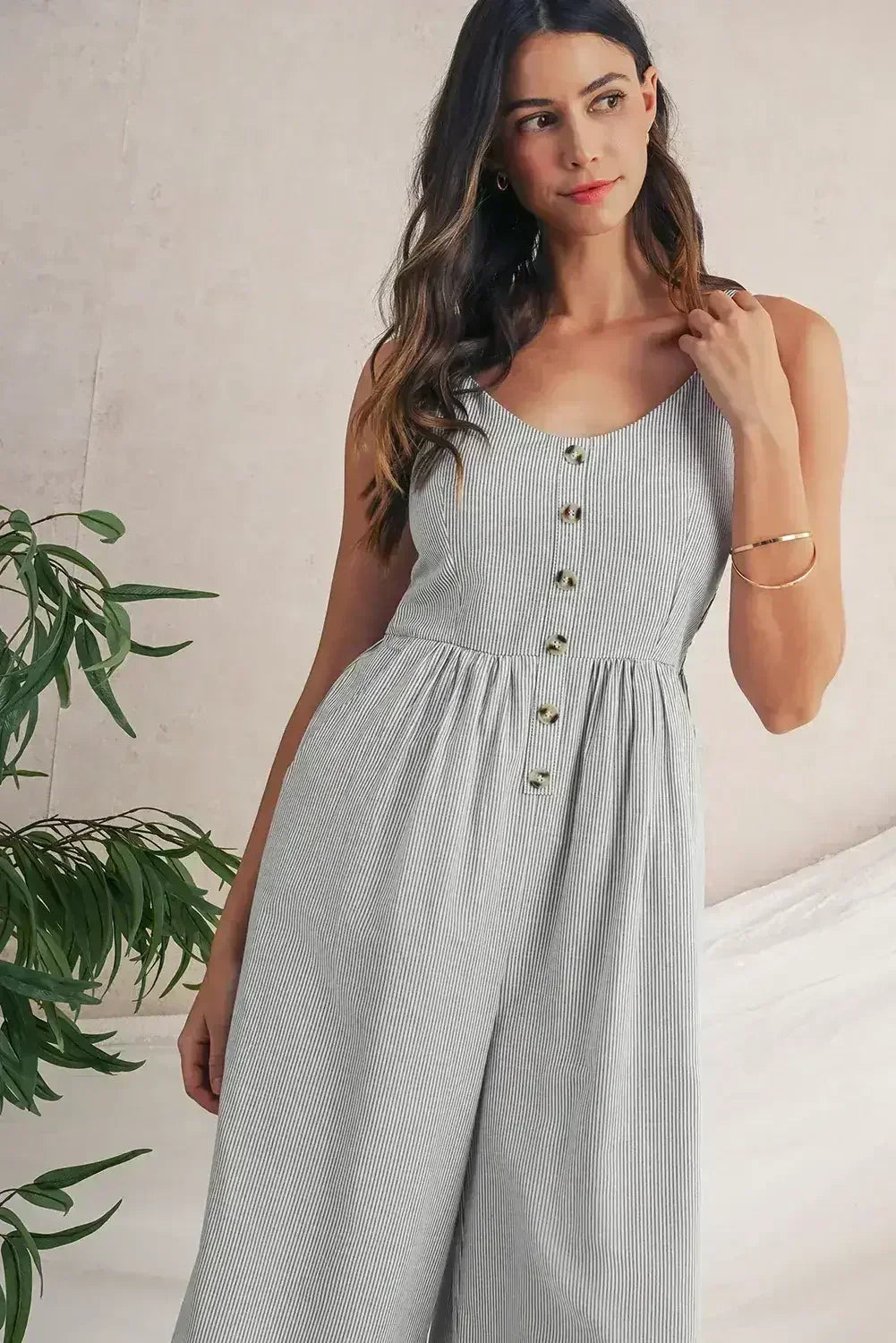 Black Stripe Half Buttoned Sleeveless Wide Leg Jumpsuit - Femstylo