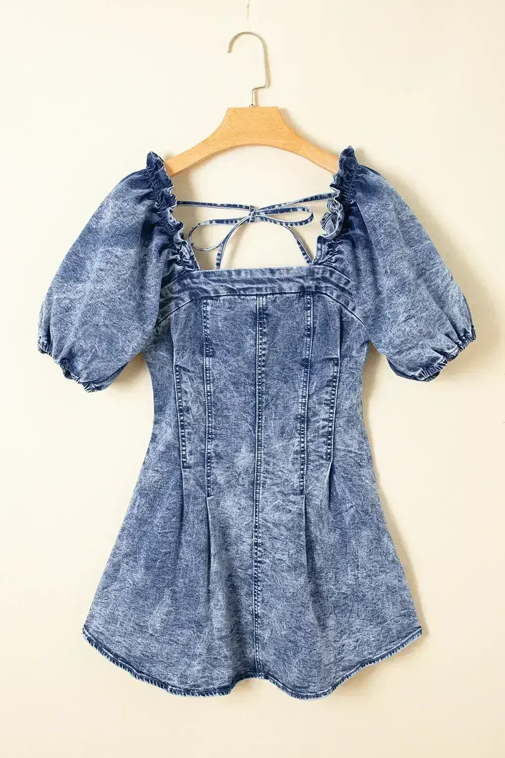 Blue Frill Square Neck Puff Sleeve Backless Denim Dress - Femstylo