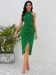 Slit Ruched Mock Neck Sleeveless Dress - Femstylo
