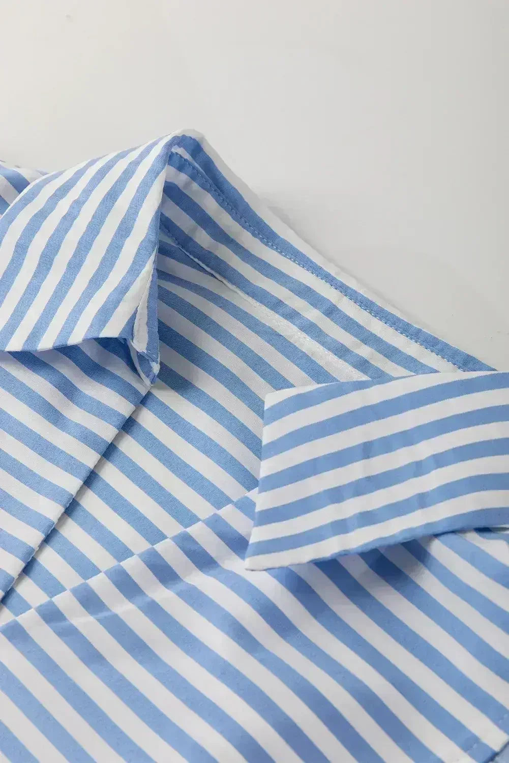 Sky Blue Striped Ric Rac Trim Collared V Neck Blouse - Femstylo