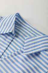 Sky Blue Striped Ric Rac Trim Collared V Neck Blouse - Femstylo