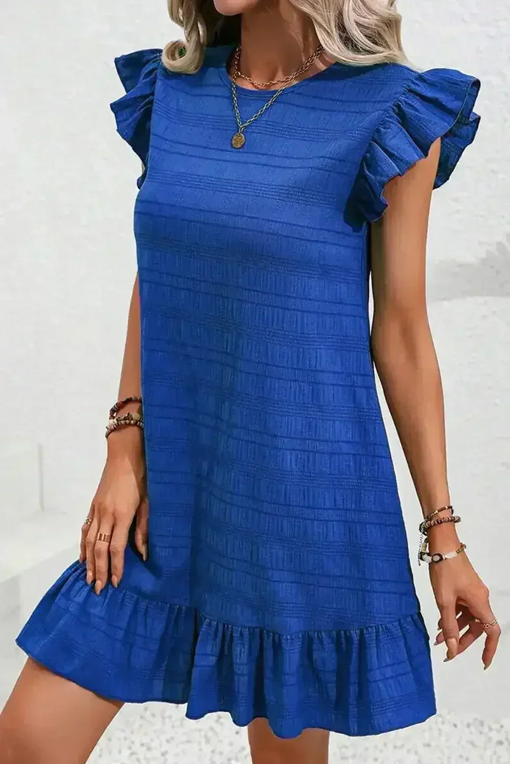 Dark Blue Textured Flutter Sleeve Ruffle Mini Dress - Femstylo