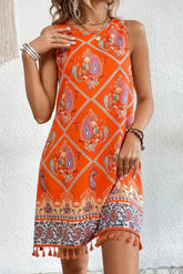 Orange Floral Sleeveless Tassel Trim Shift Mini Dress