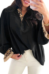 Black Leopard Contrast V Neck Long Sleeve Blouse