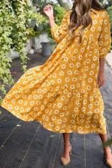 Yellow Flower Print Bracelet Sleeve Buttons Collared Maxi Dress - Femstylo
