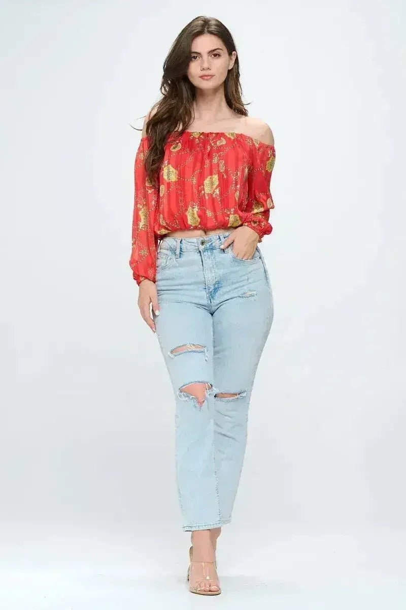 Off-Shoulder Chain Print Crop Top - Red & Black Chiffon Blouse - Femstylo