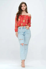 Off-Shoulder Chain Print Crop Top - Red & Black Chiffon Blouse - Femstylo