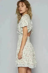 POL Cutout Back Frill Floral V-Neck Short Sleeve Mini Dress - Femstylo